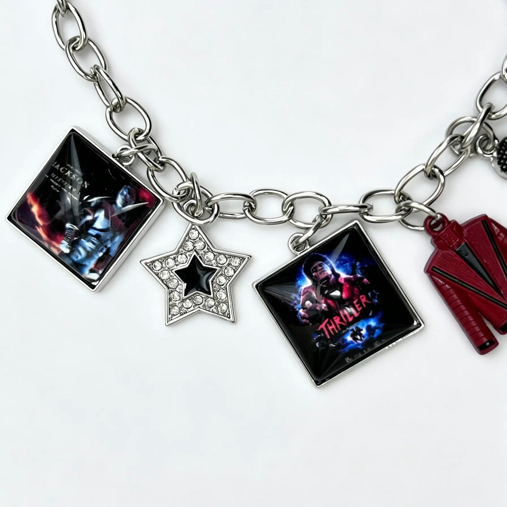 Music Inspired Michael Jackson Charm Bracelet, Vintage Link Chain Bracelet with Microphone, Jacket & Album Charms, Unisex Fan Gift, Back to School — image 4