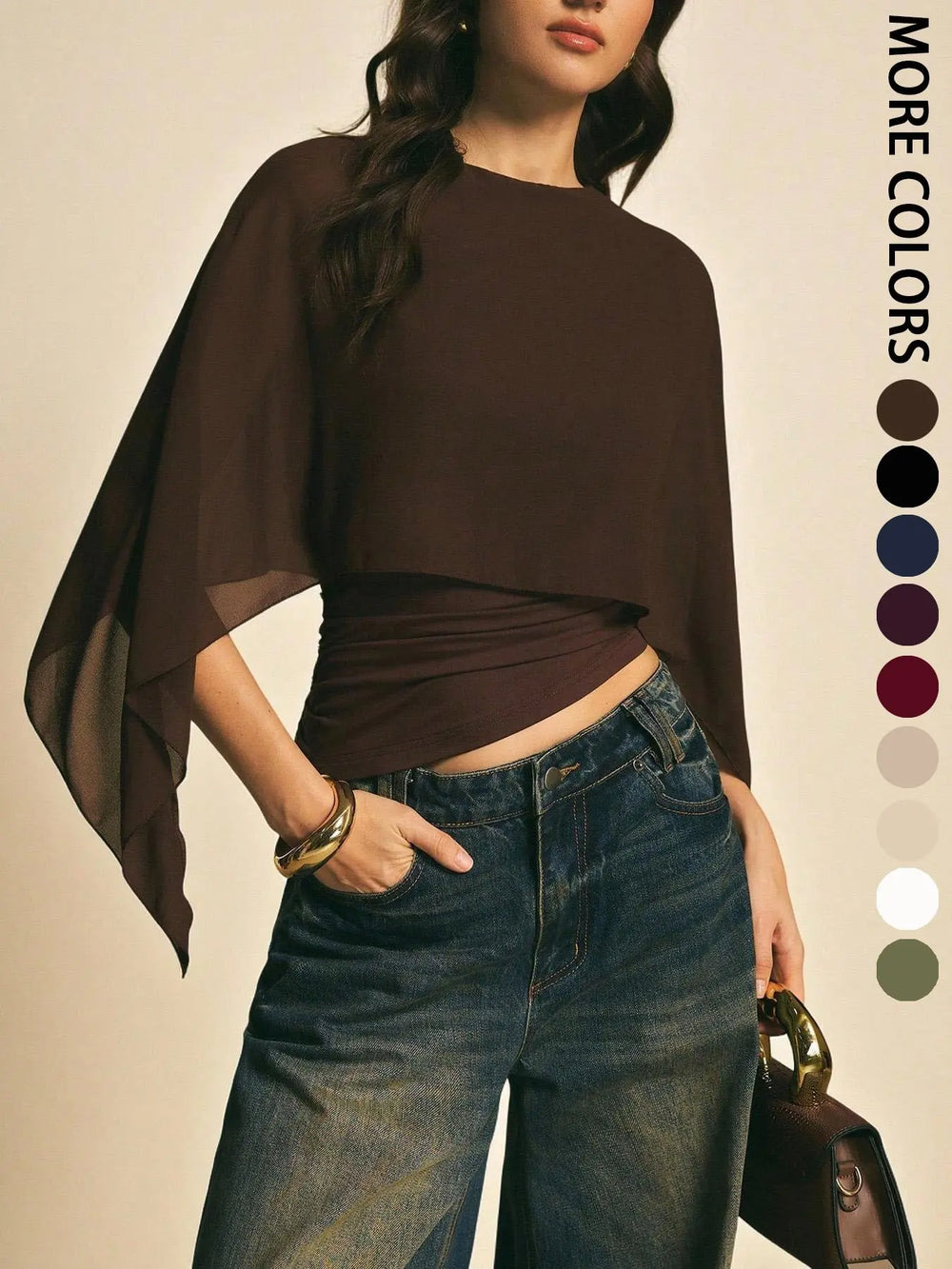 Elegant Minimalist Asymmetrical Basic Blouse Shirts for Women, round Neck, Batwing Sleeve Design, Perfect for Daily Wear & Casual, Stylish Ladies' Top — image 2