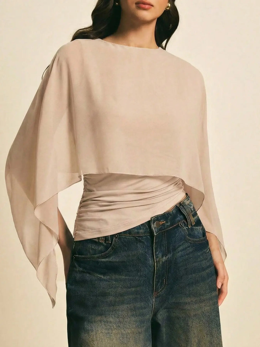 Elegant Minimalist Asymmetrical Basic Blouse Shirts for Women, round Neck, Batwing Sleeve Design, Perfect for Daily Wear & Casual, Stylish Ladies' Top — image 15