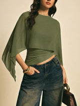 Elegant Minimalist Asymmetrical Basic Blouse Shirts for Women, round Neck, Batwing Sleeve Design, Perfect for Daily Wear & Casual, Stylish Ladies' Top — image 10