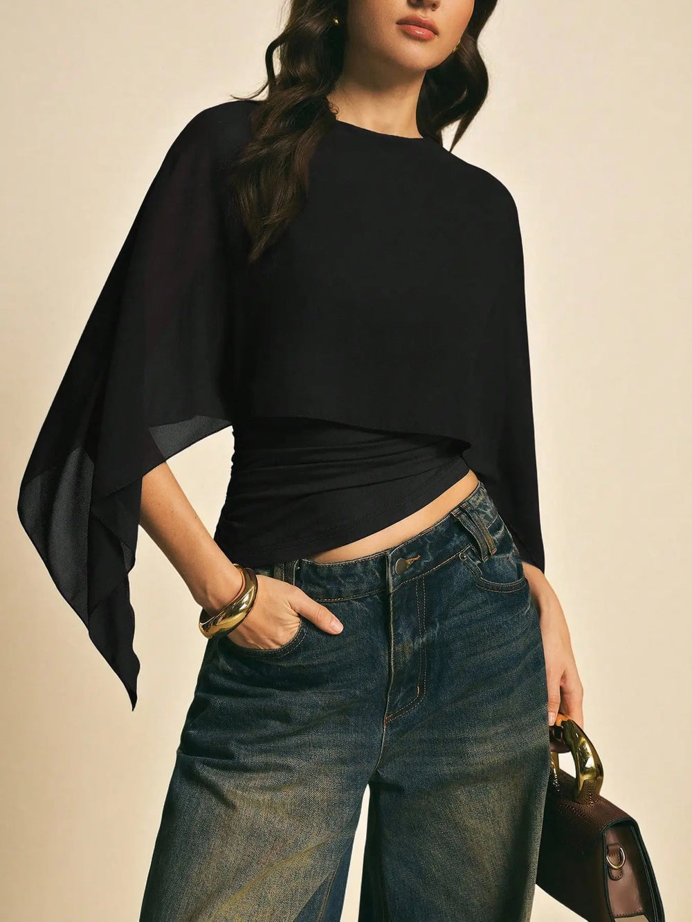 Elegant Minimalist Asymmetrical Basic Blouse Shirts for Women, round Neck, Batwing Sleeve Design, Perfect for Daily Wear & Casual, Stylish Ladies' Top — image 11