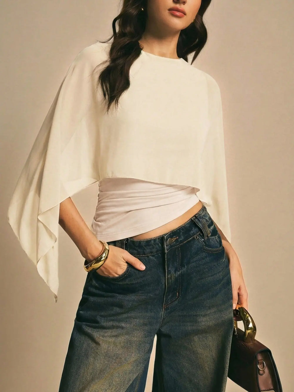 Elegant Minimalist Asymmetrical Basic Blouse Shirts for Women, round Neck, Batwing Sleeve Design, Perfect for Daily Wear & Casual, Stylish Ladies' Top — image 14