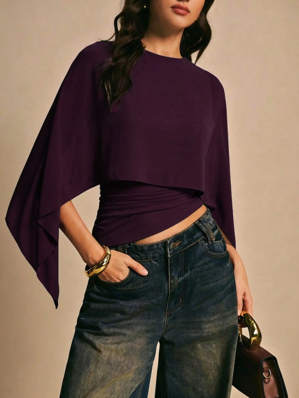 Elegant Minimalist Asymmetrical Basic Blouse Shirts for Women, round Neck, Batwing Sleeve Design, Perfect for Daily Wear & Casual, Stylish Ladies' Top — image 13