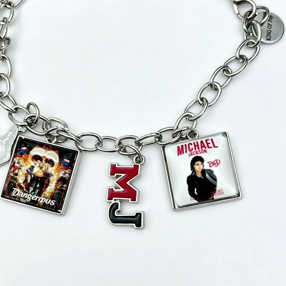 Music Inspired Michael Jackson Charm Bracelet, Vintage Link Chain Bracelet with Microphone, Jacket & Album Charms, Unisex Fan Gift, Back to School — image 2